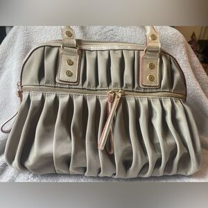 MZ WALLACE BEA khaki pleated nylon bag w gold leather trim
